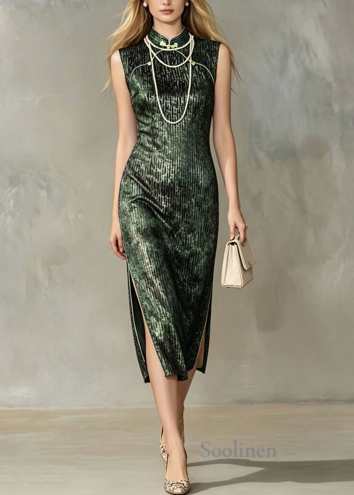 Vintage Green Stand Collar Side Open Silk Velvet Dress Summer