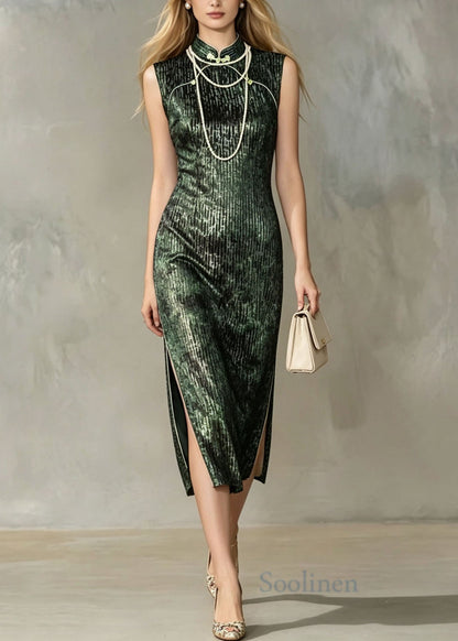 Vintage Green Stand Collar Side Open Silk Velvet Dress Summer