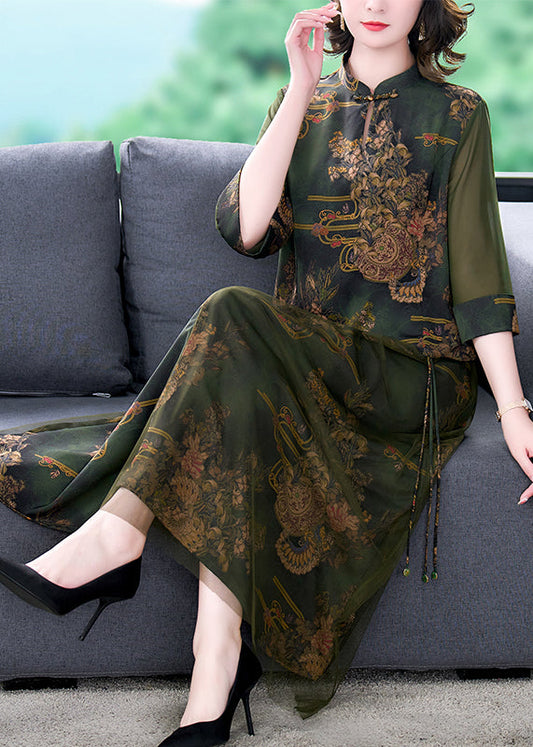 Vintage Green Stand Collar Tasseled Embroidered Silk Two Pieces Set Summer