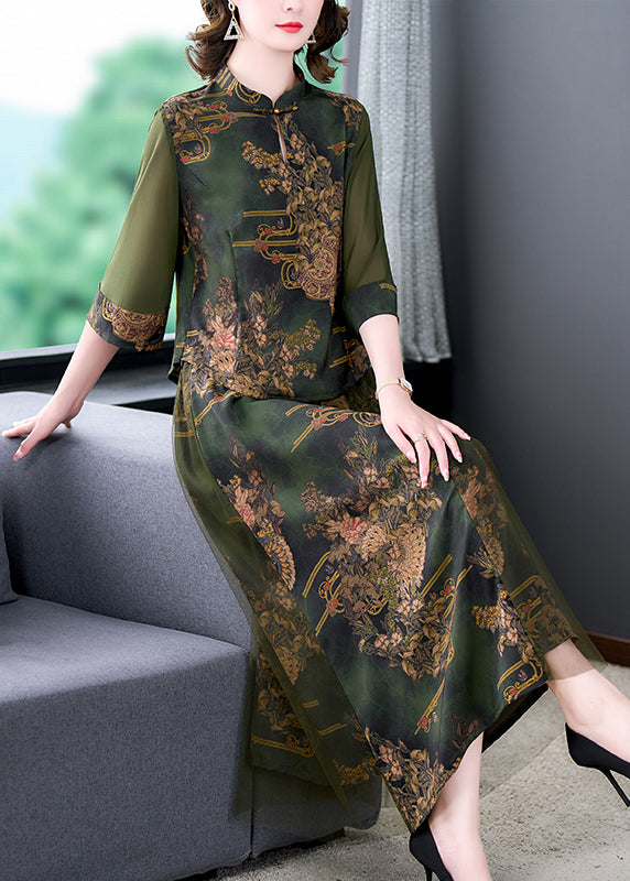 Vintage Green Stand Collar Tasseled Embroidered Silk Two Pieces Set Summer