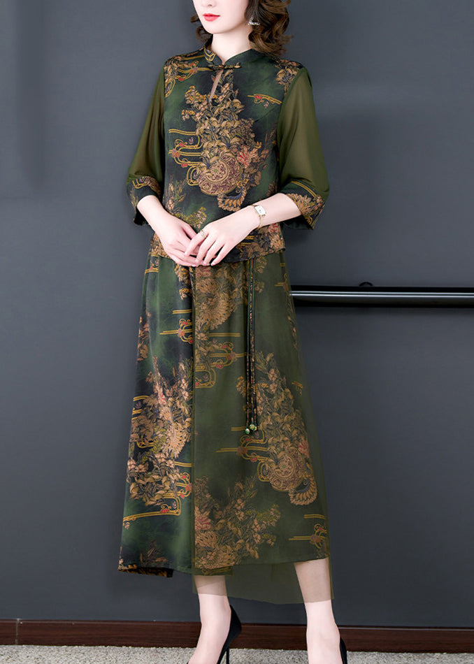 Vintage Green Stand Collar Tasseled Embroidered Silk Two Pieces Set Summer