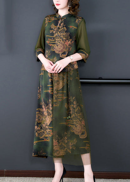 Vintage Green Stand Collar Tasseled Embroidered Silk Two Pieces Set Summer