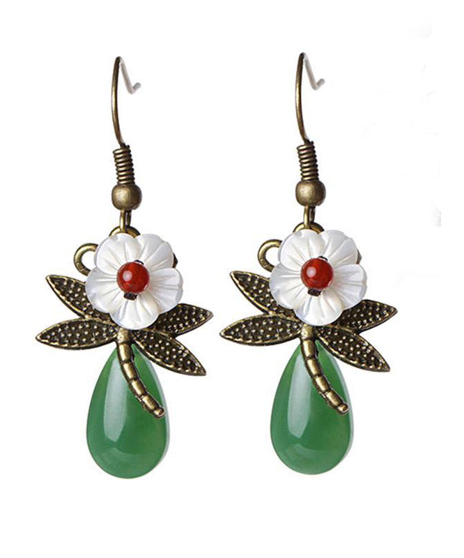 Vintage Grüne Sterling Silber Achat Muschel Blume Cloured Glasur Libelle Tropfen Ohrringe