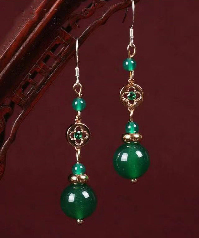 Pendientes colgantes vintage de plata de ley verde con gemas de cristal