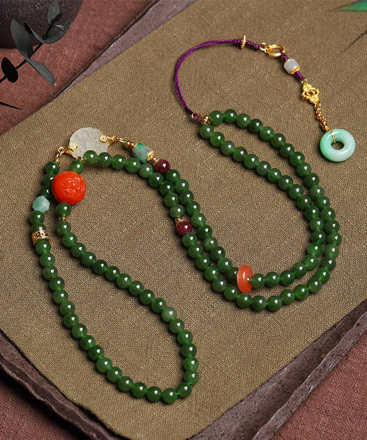 Collar vintage con colgante de hebilla de jade y ágata dorada en plata de ley verde