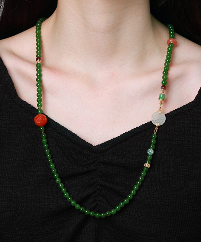 Collar vintage con colgante de hebilla de jade y ágata dorada en plata de ley verde