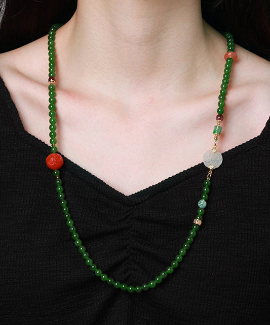 Collar vintage con colgante de hebilla de jade y ágata dorada en plata de ley verde