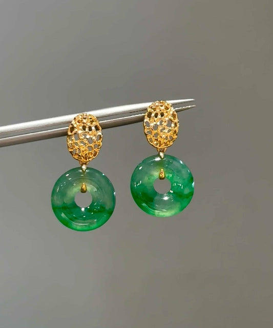 Vintage Green Sterling Silver Overgild Jade Safe Buckle Drop Earrings