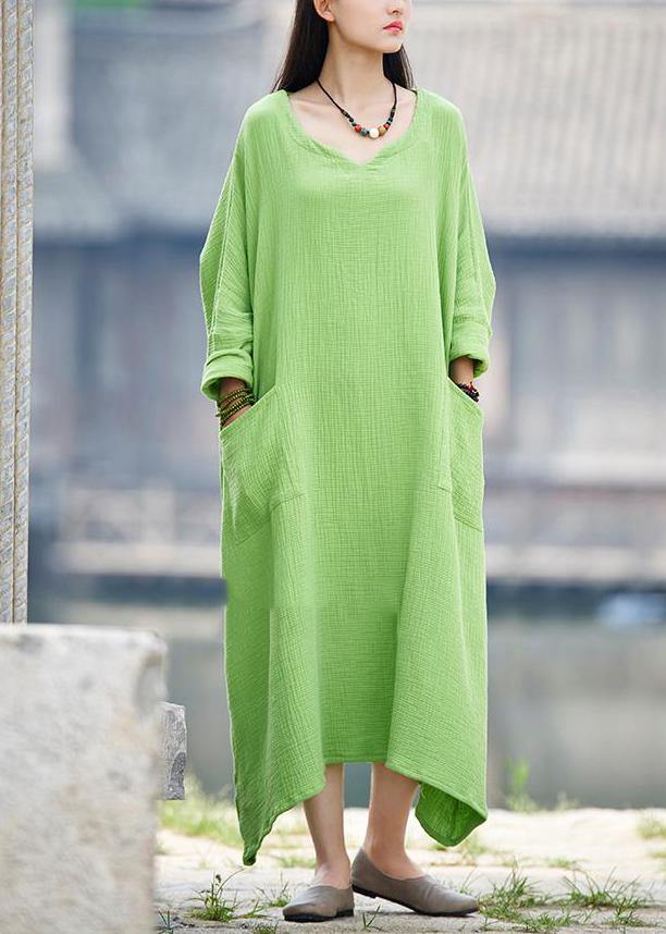Vintage Green V Neck Dress Patchwork Batwing Sleeve Spring Dresses - SooLinen
