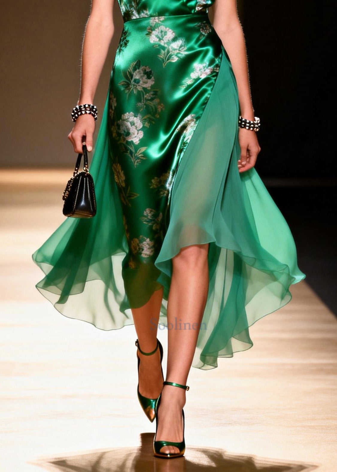 Vintage Green V Neck Patchwork Chiffon Robe Dresses Summer