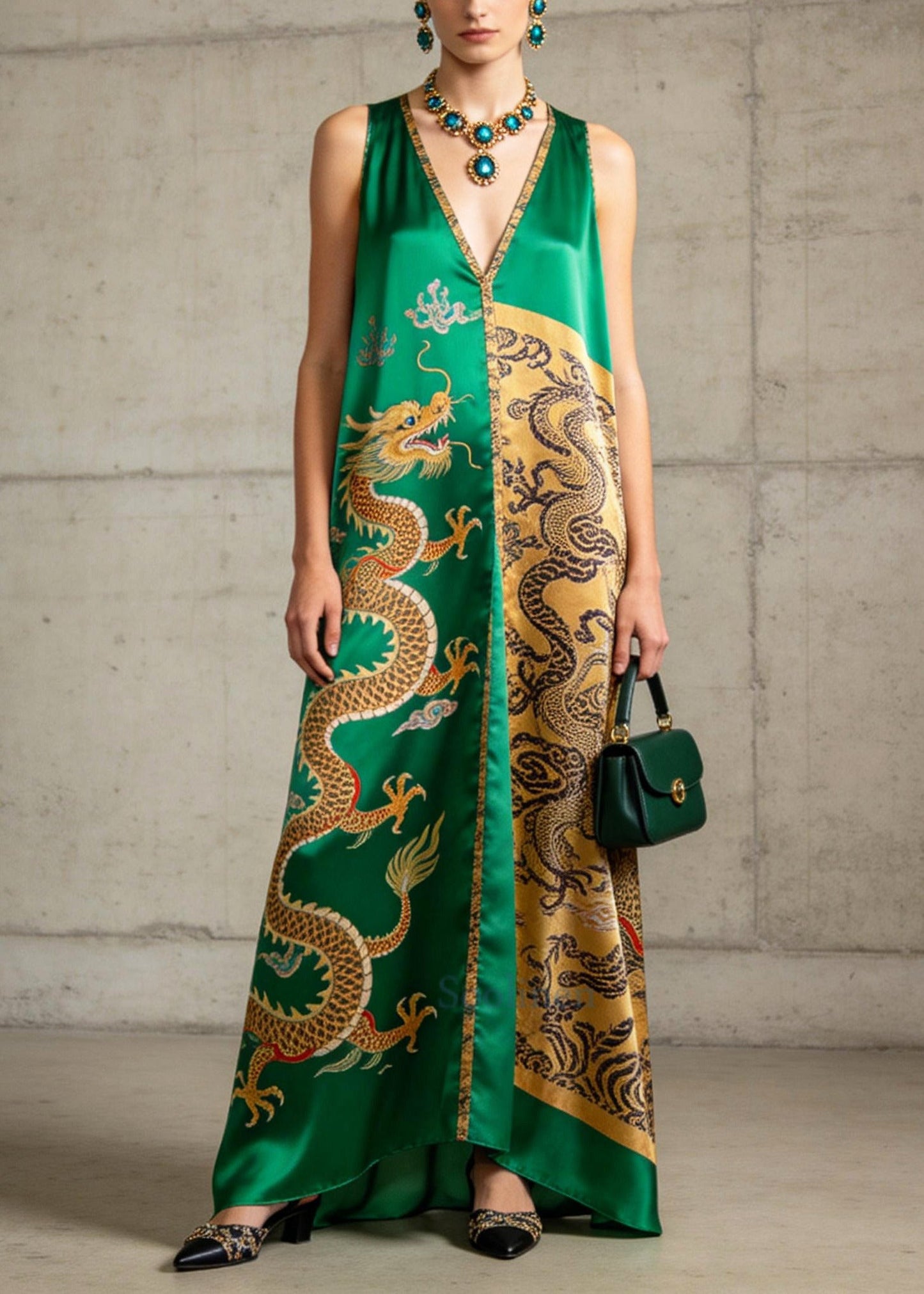 Vintage Green V Neck Print Silk A Line Dresses Sleeveless