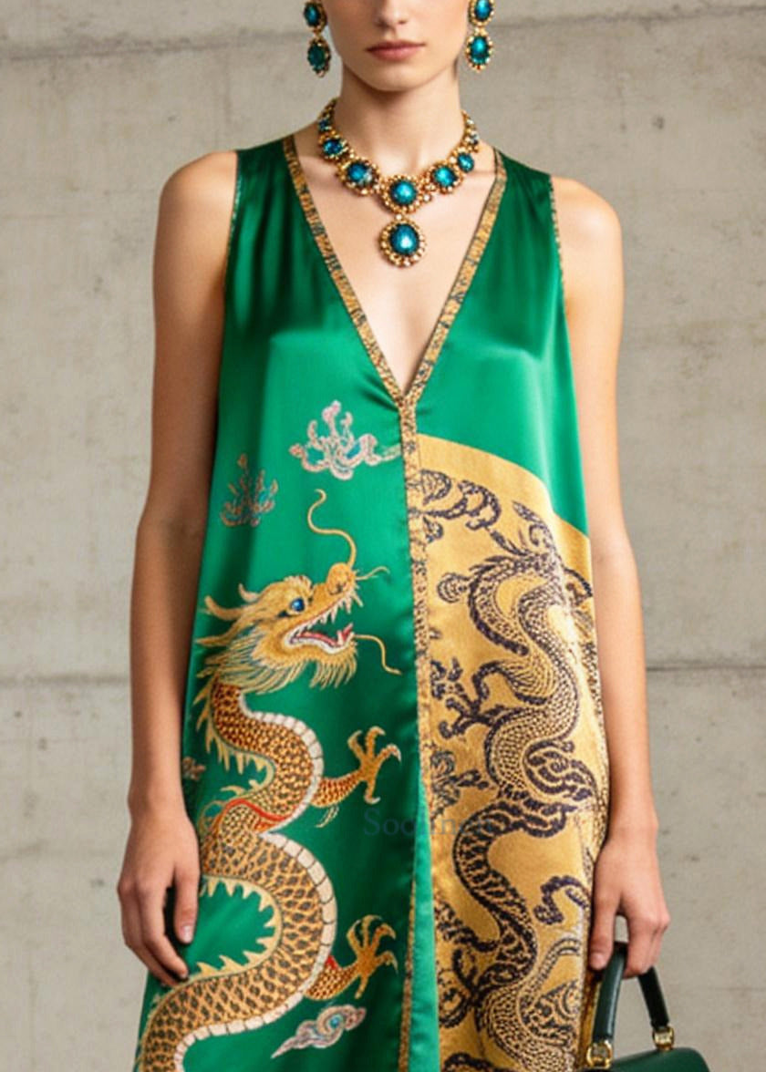 Vintage Green V Neck Print Silk A Line Dresses Sleeveless