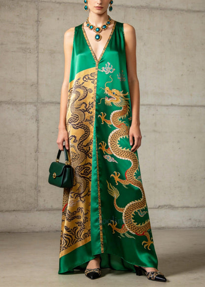 Vintage Green V Neck Print Silk A Line Dresses Sleeveless