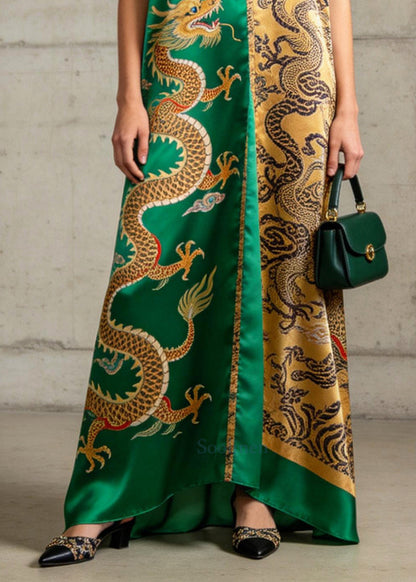 Vintage Green V Neck Print Silk A Line Dresses Sleeveless