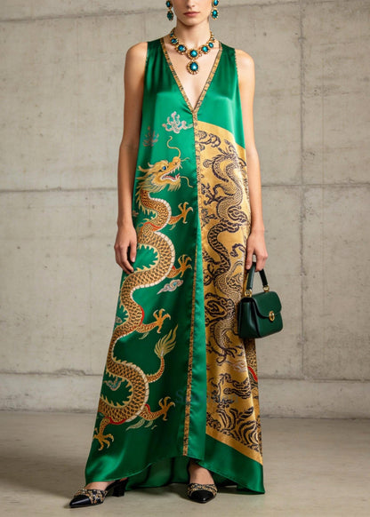 Vintage Green V Neck Print Silk A Line Dresses Sleeveless