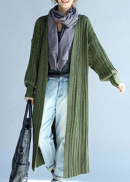 Vintage Grüner V-Ausschnitt Laternenärmel Herbst Strick Langer Pullover Mantel