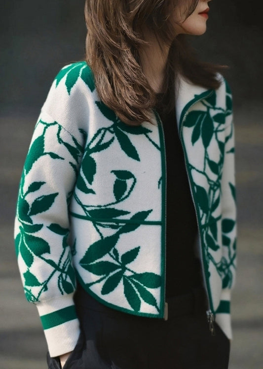 Vintage grüne Patchwork-Strickjacken aus Baumwolle mit Reißverschluss, Frühling