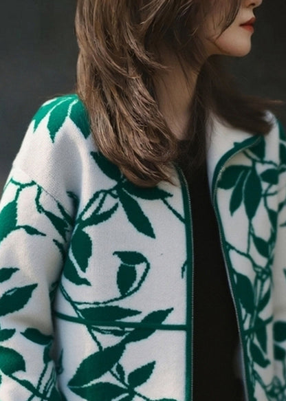 Vintage Green Zippered Patchwork Cotton Knit Cardigans Spring