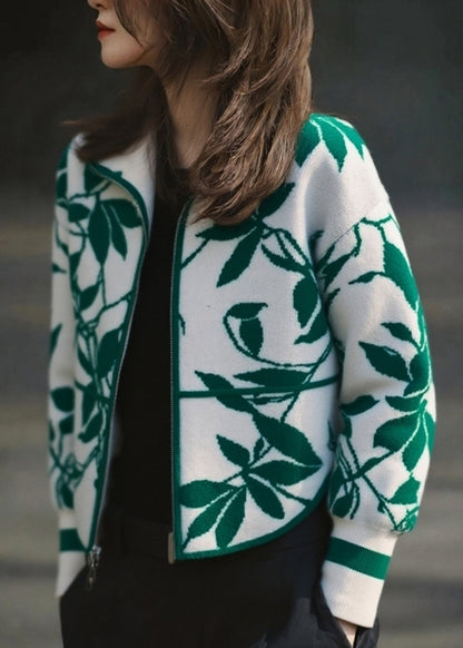 Vintage Green Zippered Patchwork Cotton Knit Cardigans Spring