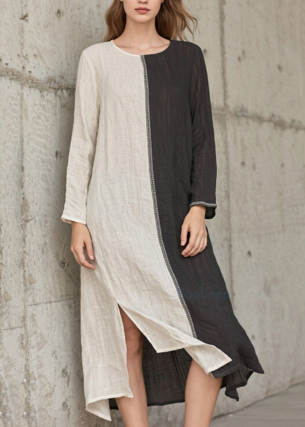 Vestidos de vacaciones vintage de algodón con abertura lateral y patchwork asimétrico en gris para primavera