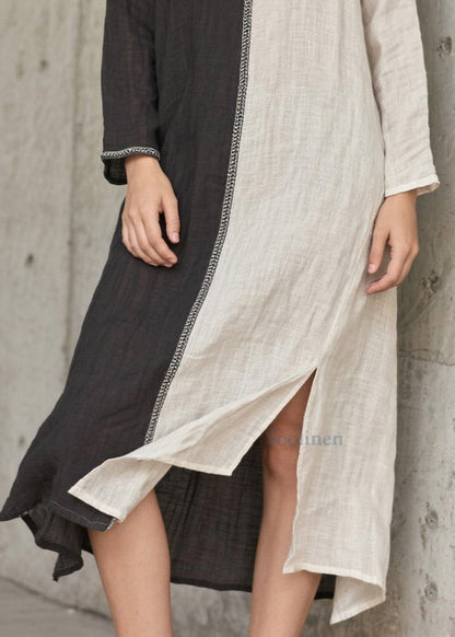 Vestidos de vacaciones vintage de algodón con abertura lateral y patchwork asimétrico en gris para primavera