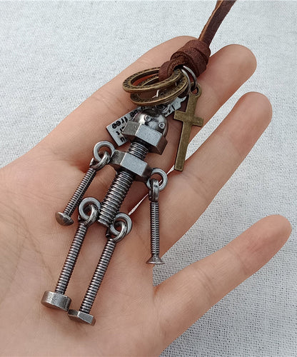 Collar vintage con colgante de robot de piel sintética gris