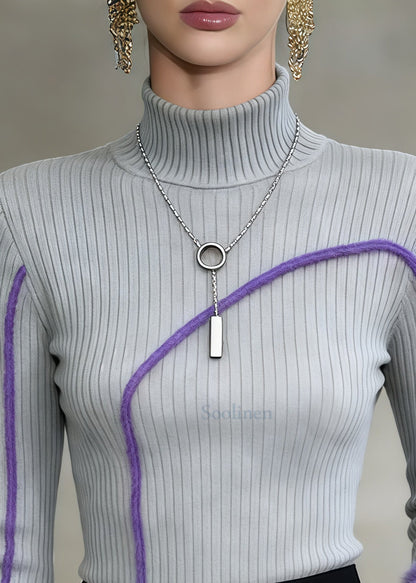 Vintage Grey High Neck Patchwork Faux Fur Sweater Tops Winter