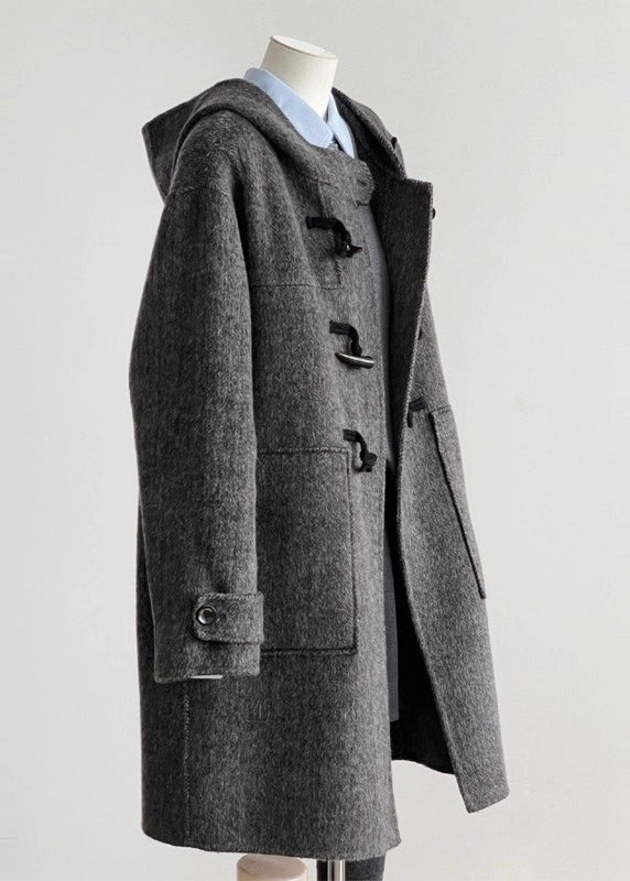 Vintage graue Wollmäntel mit Kapuze und Taschen Winter