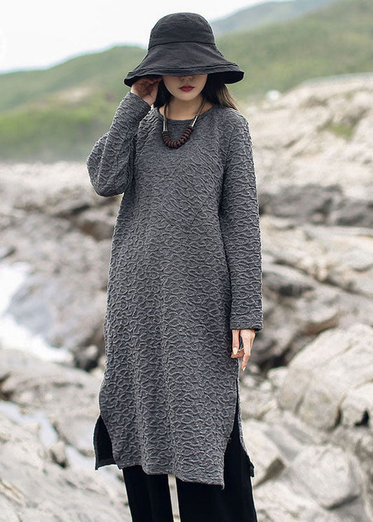 Vintage Grau Jacquard Seite offen Strick Langer Pullover Winter