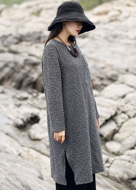 Vintage Grau Jacquard Seite offen Strick Langer Pullover Winter