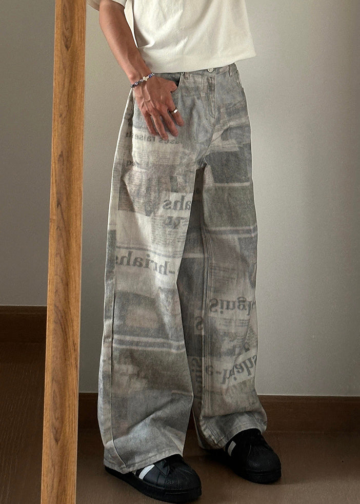 Vintage Grey Letter Print High Waist Denim Mens Pants