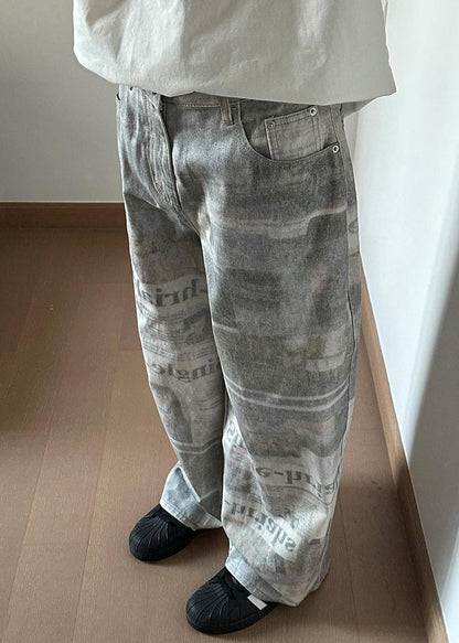 Vintage Grey Letter Print High Waist Denim Mens Pants