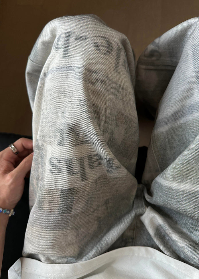Vintage Grey Letter Print High Waist Denim Mens Pants