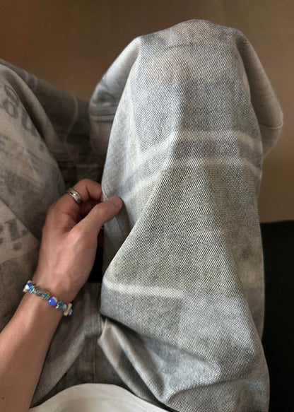 Vintage Grey Letter Print High Waist Denim Mens Pants