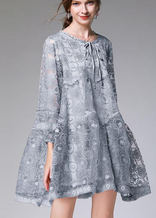 Vintage Grau Langarm Spitze Sommer Maxikleider