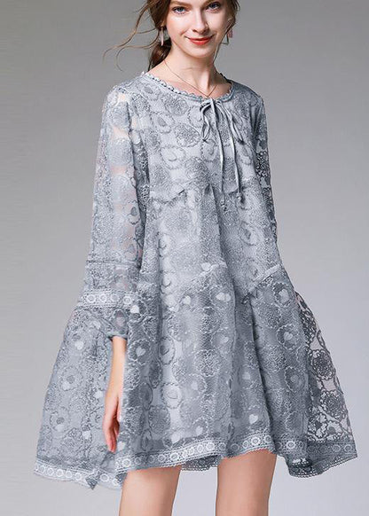 Vintage Grau Langarm Spitze Sommer Maxikleider