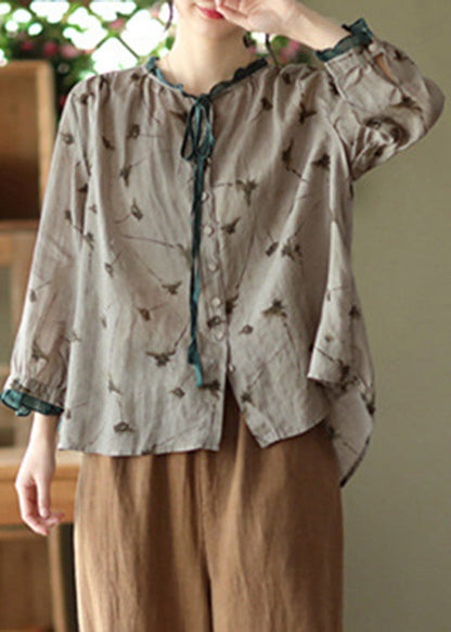 Blusa de manga larga con estampado de ramio y corbata gris vintage