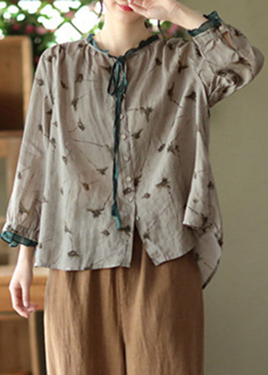 Blusa de manga larga con estampado de ramio y corbata gris vintage