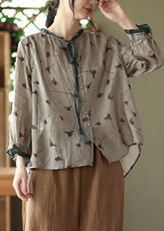 Blusa de manga larga con estampado de ramio y corbata gris vintage