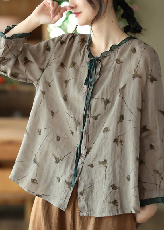 Blusa de manga larga con estampado de ramio y corbata gris vintage