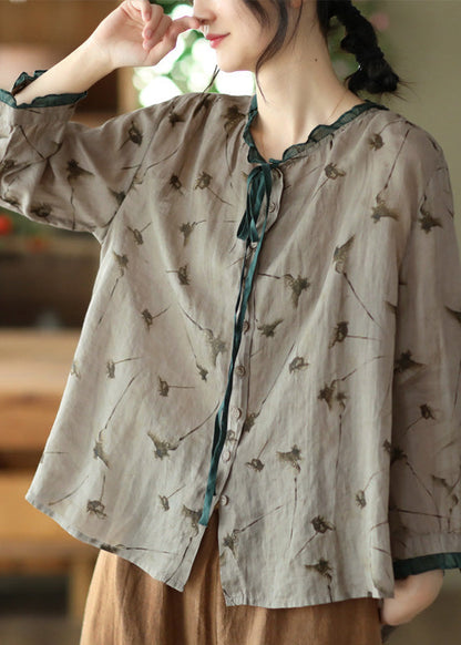 Blusa de manga larga con estampado de ramio y corbata gris vintage