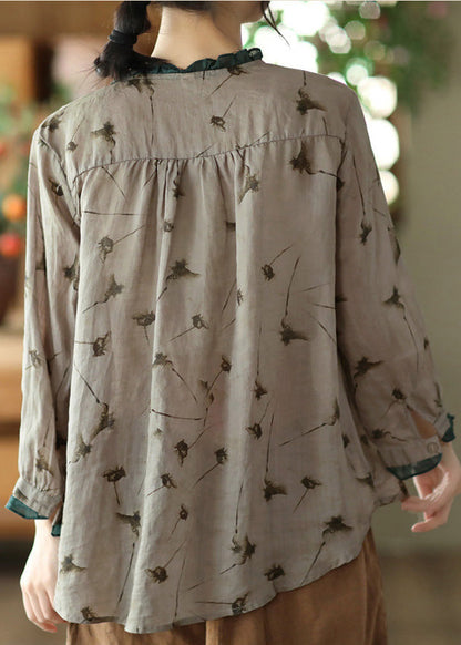 Blusa de manga larga con estampado de ramio y corbata gris vintage