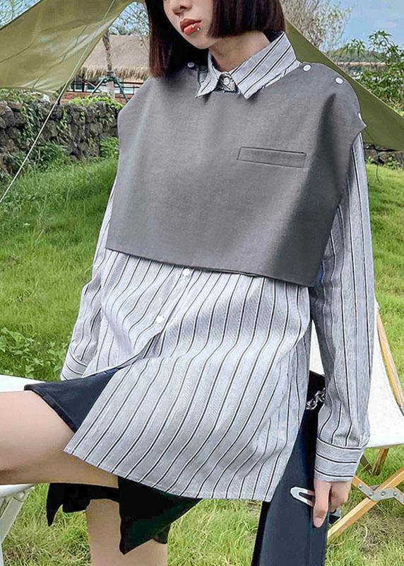 Vintage Grey Peter Pan Collar Button Fall Striped Shirt Long sleeve - SooLinen