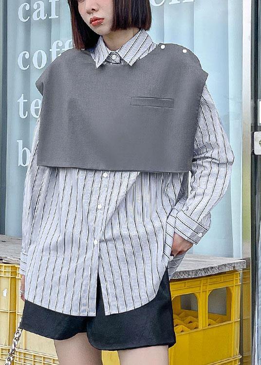 Vintage Grey Peter Pan Collar Button Fall Striped Shirt Long sleeve - SooLinen