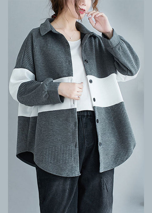 Vintage Grau Peter Pan Kragen Knopf Patchwork Herbst Shirt Top Langarm