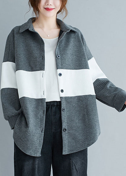 Vintage Grau Peter Pan Kragen Knopf Patchwork Herbst Shirt Top Langarm