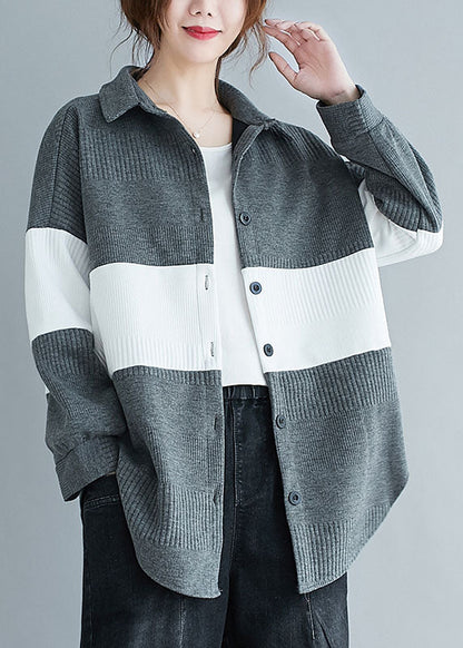 Vintage Grau Peter Pan Kragen Knopf Patchwork Herbst Shirt Top Langarm