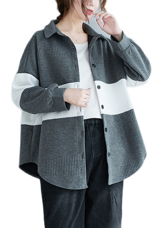 Vintage Grau Peter Pan Kragen Knopf Patchwork Herbst Shirt Top Langarm