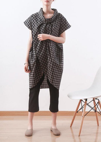 Vintage Grey Plaid Turtleneck Asymmetrical Design Summer Blouses - SooLinen