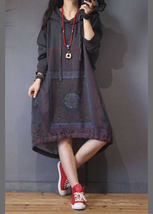 Vintage Grey Print Cotton hooded Summer Dress - SooLinen